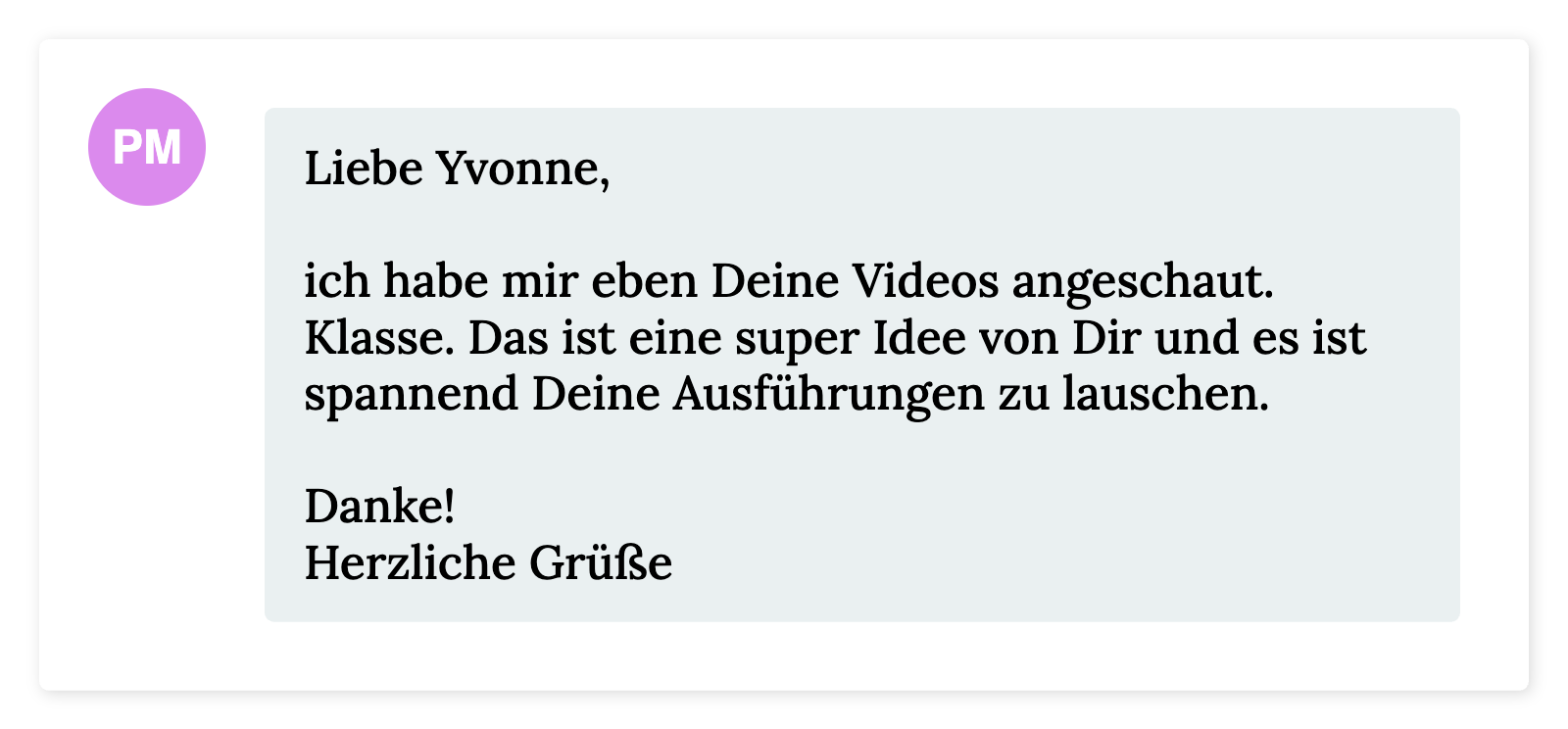 Liebe Yvonne, ich habe mir eben Deine Videos angeschaut. Klasse. Das ist eine super Idee von Dir und es ist spannend Deine Ausführungen zu lauschen.